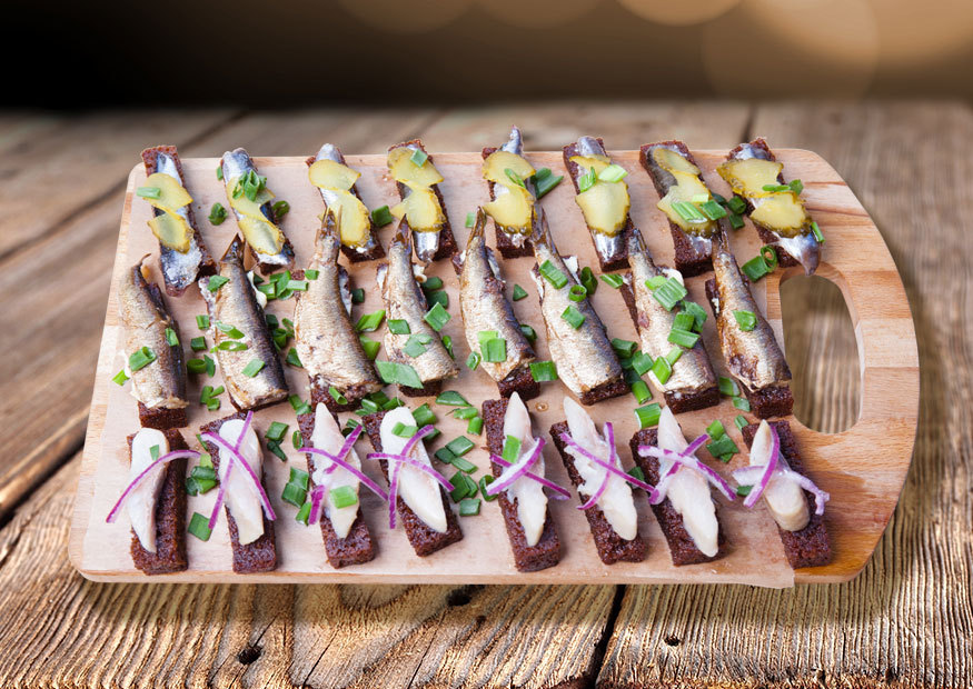 Assorted rye toasts - with sprat, sprats and herring