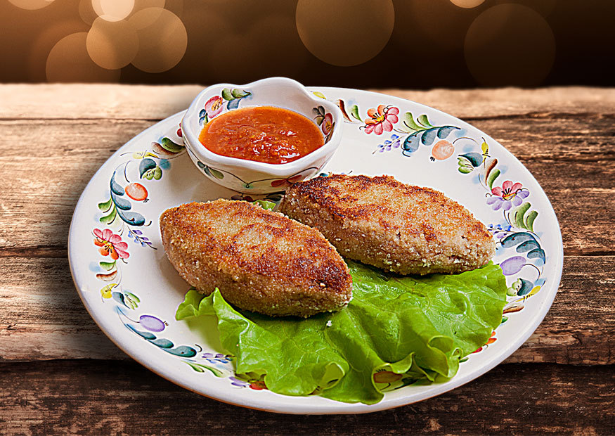 Home-made beef patties fried in crumbs