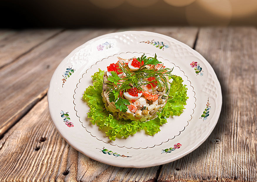 «Olivier» salad with crayfish and red caviar